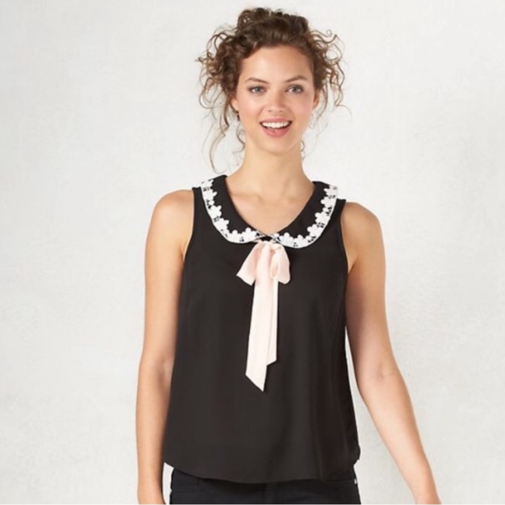 Lauren Conrad Black Sleeveless Top Peter Pan Lace Collar Pink Bow Dainty XL